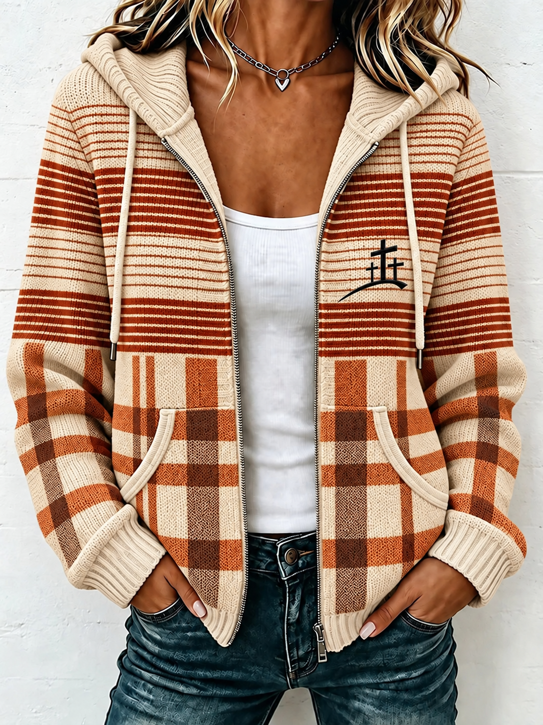 Women'S Plaid Striped Patchwork Religious Hooded Knitted Cardigan