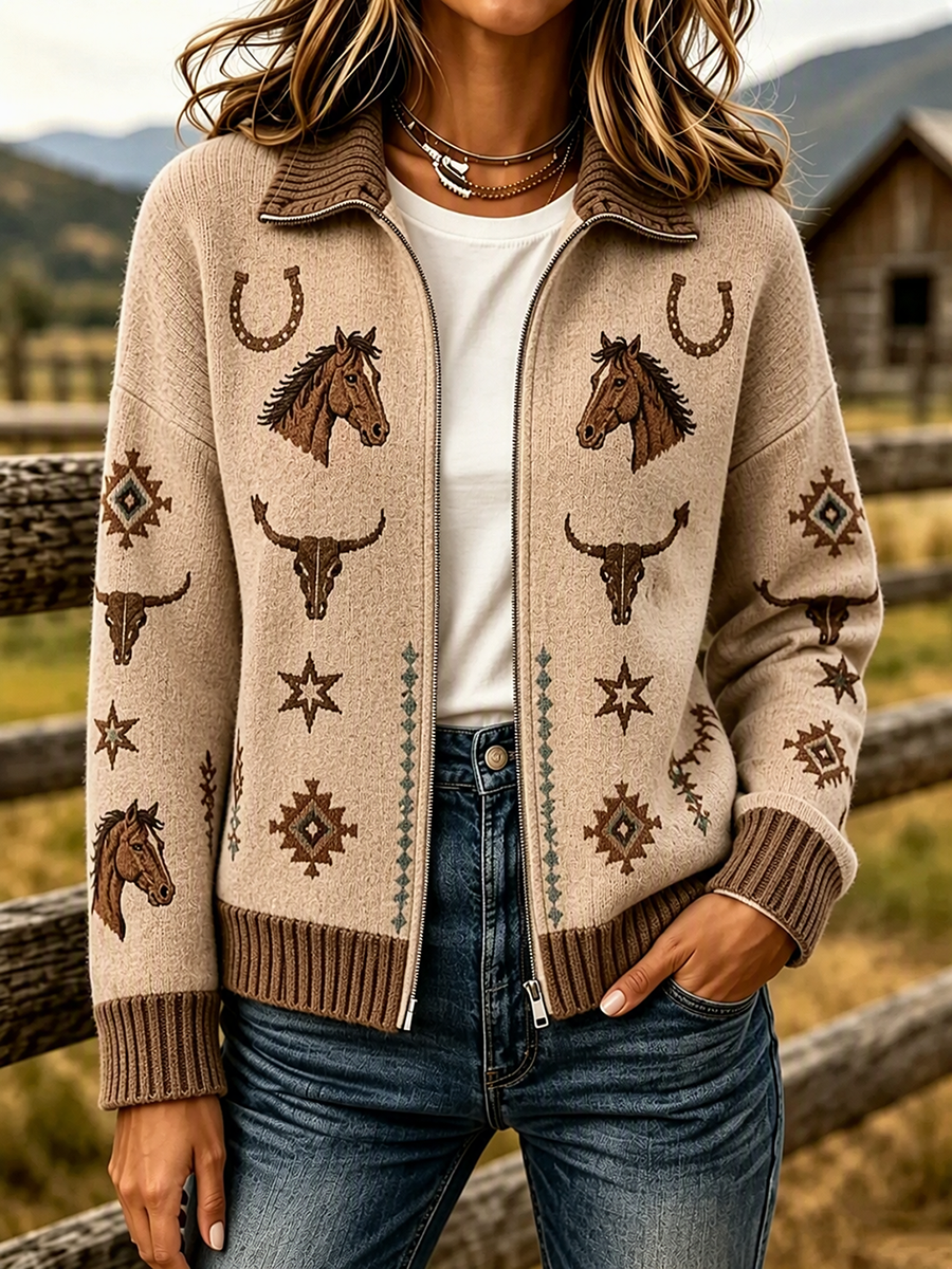 Women's Retro Floral & Butterfly Pattern Knit Zip-Up Cardigan