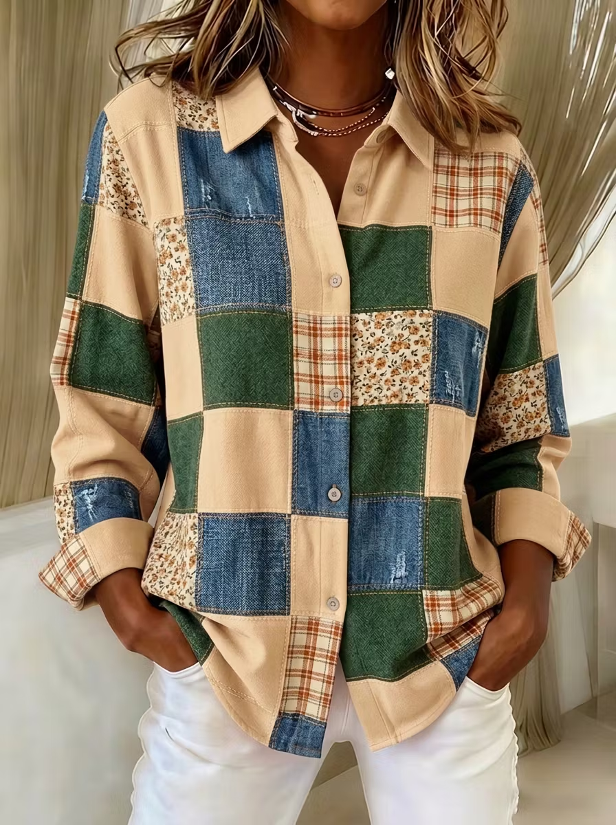Women'S  Casual  Print Lapel Long Sleeve Shirt