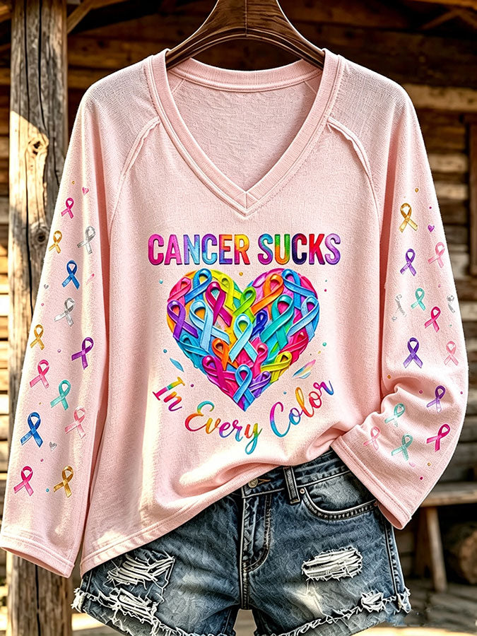 Women'S Cancer Sucks In All Color Printed Long Sleeve T-Shirt