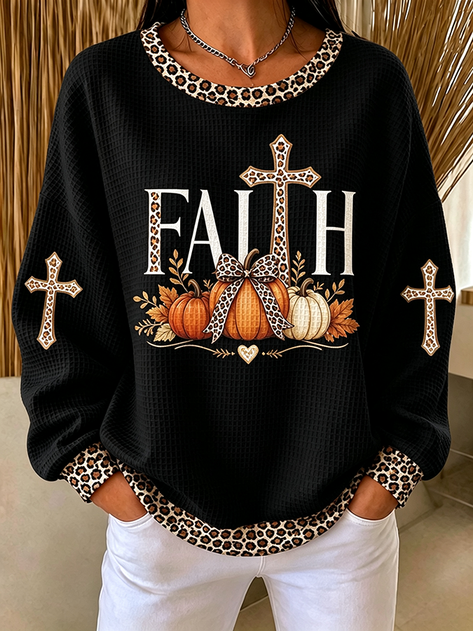 Women'S Faith Cross Printed Casual Waffle Sweatshirt