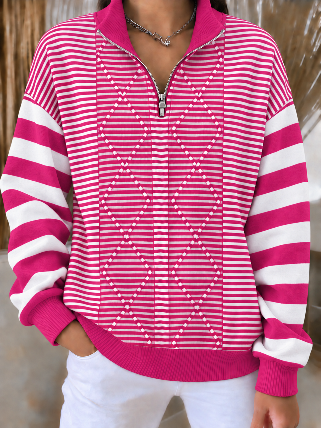 Women'S Casual Striped Zipper Top
