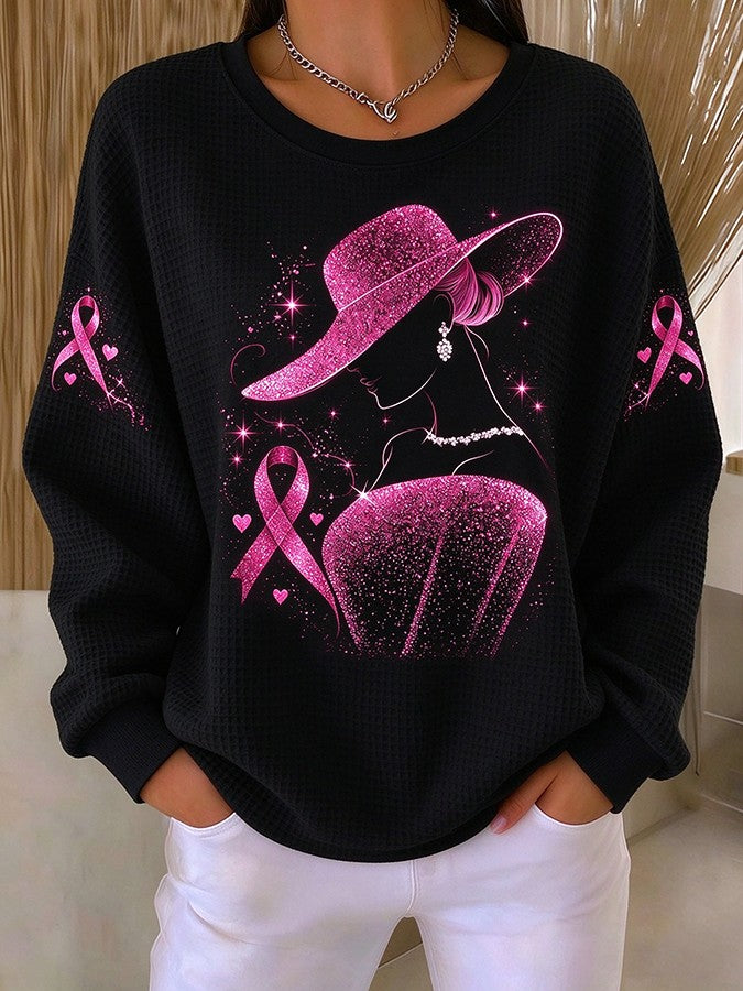 Women'S Breast Cancer Witch Kitten Printed Waffle Sweatshirt