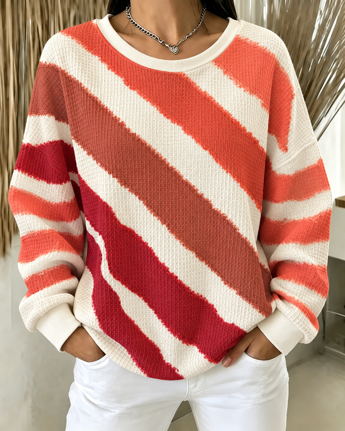 Women'S Autumn Striped Waffle Sweatshirt