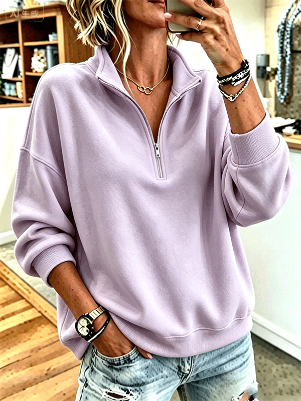 Women's Casual Stand Collar Plain Sweatshirt