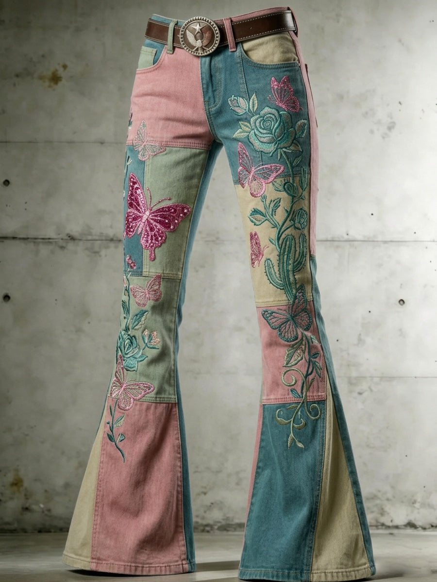 Women'S Butterfly & Floral Pattern Vintage Skinny Pants