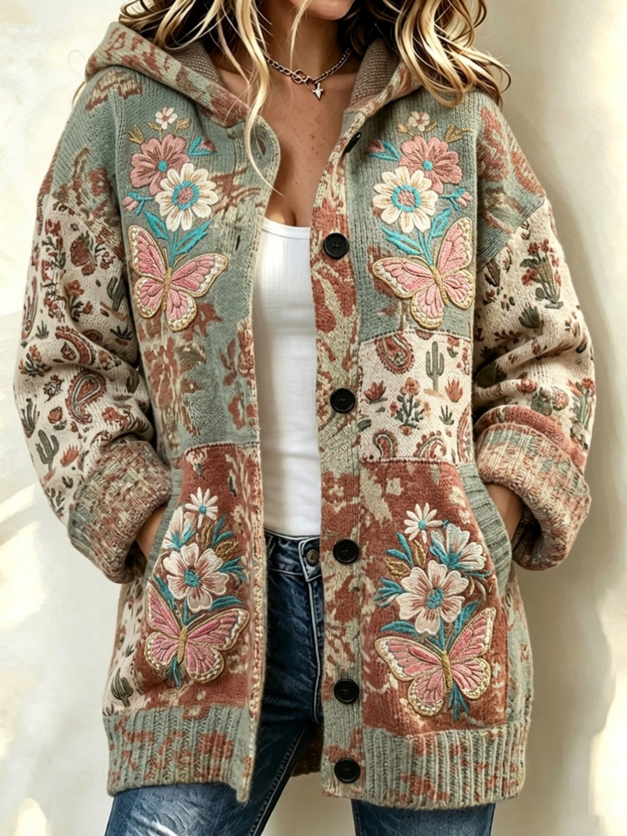 Women'S Retro Floral & Butterfly Pattern Casual Hooded Long Cardigan
