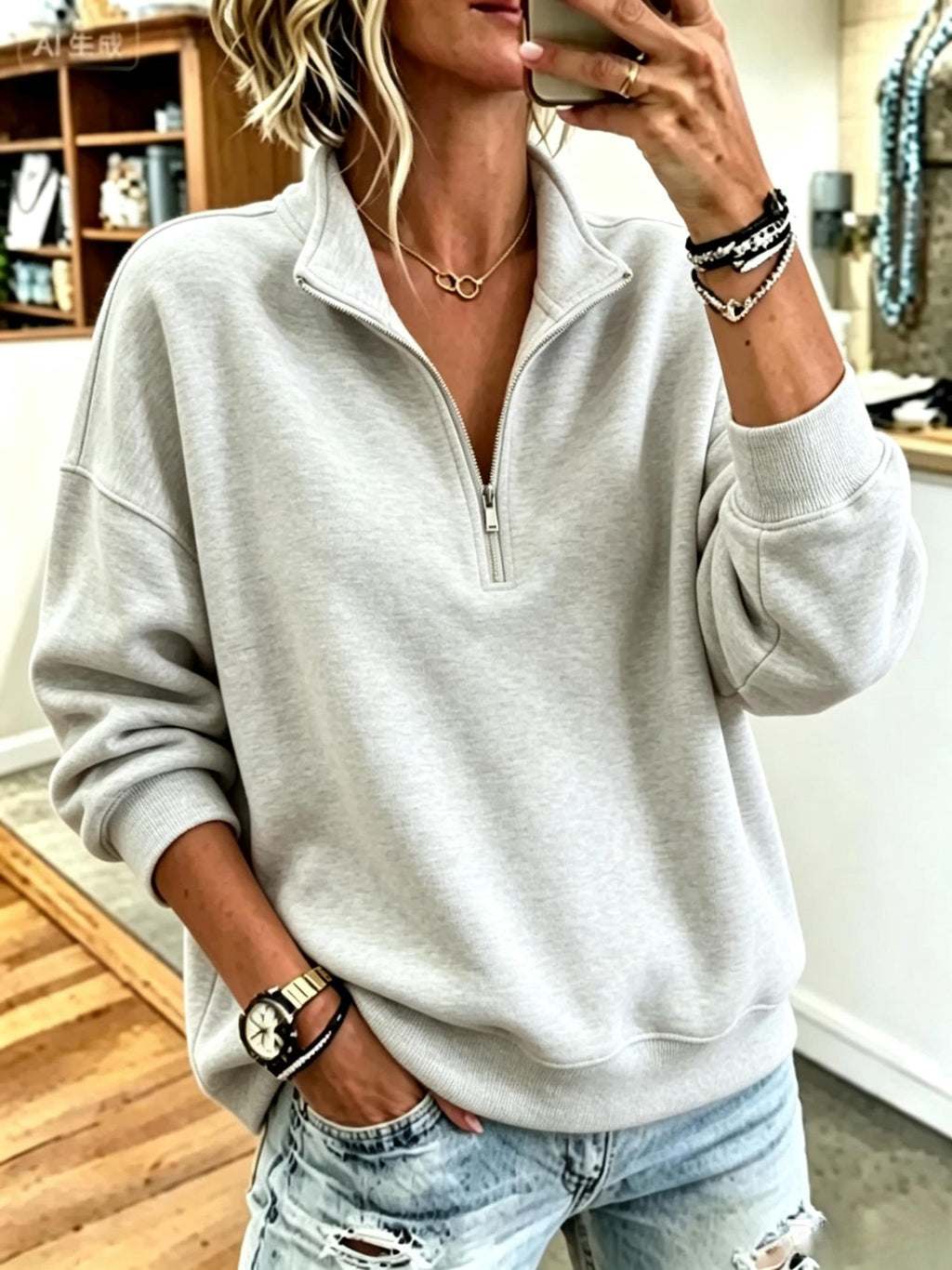 Women's Casual Stand Collar Plain Sweatshirt