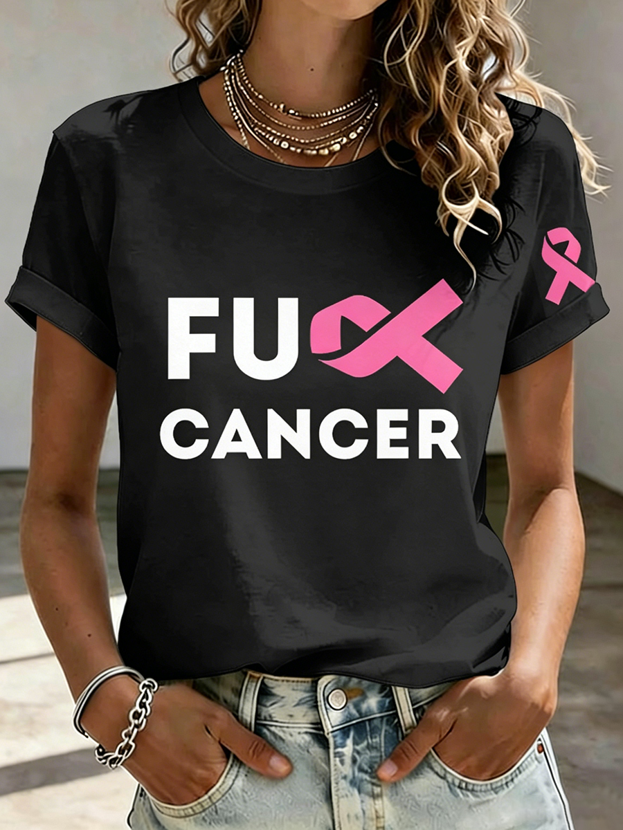 Pink Series Disease Health Awareness Public Welfare Printed Round Neck T-Shirt