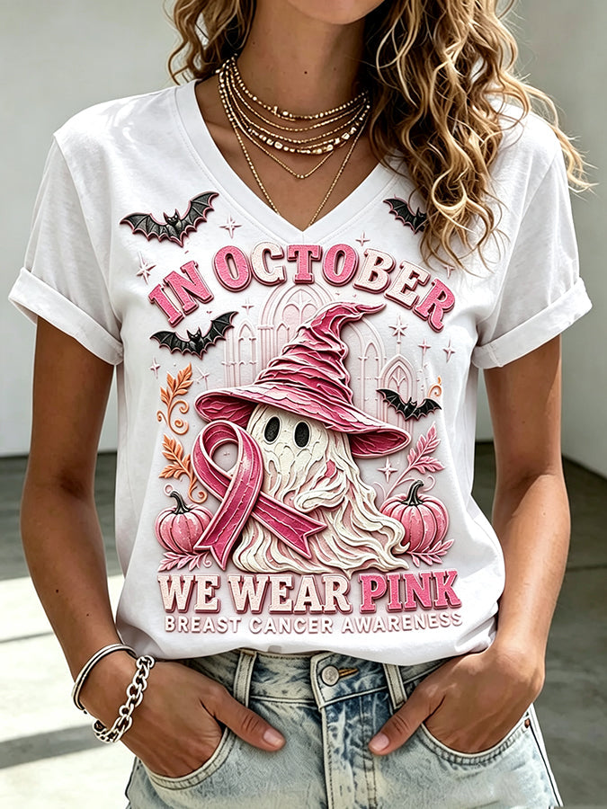 Women'S In October We Wear Pink Print Short-Sleeve T-Shirt